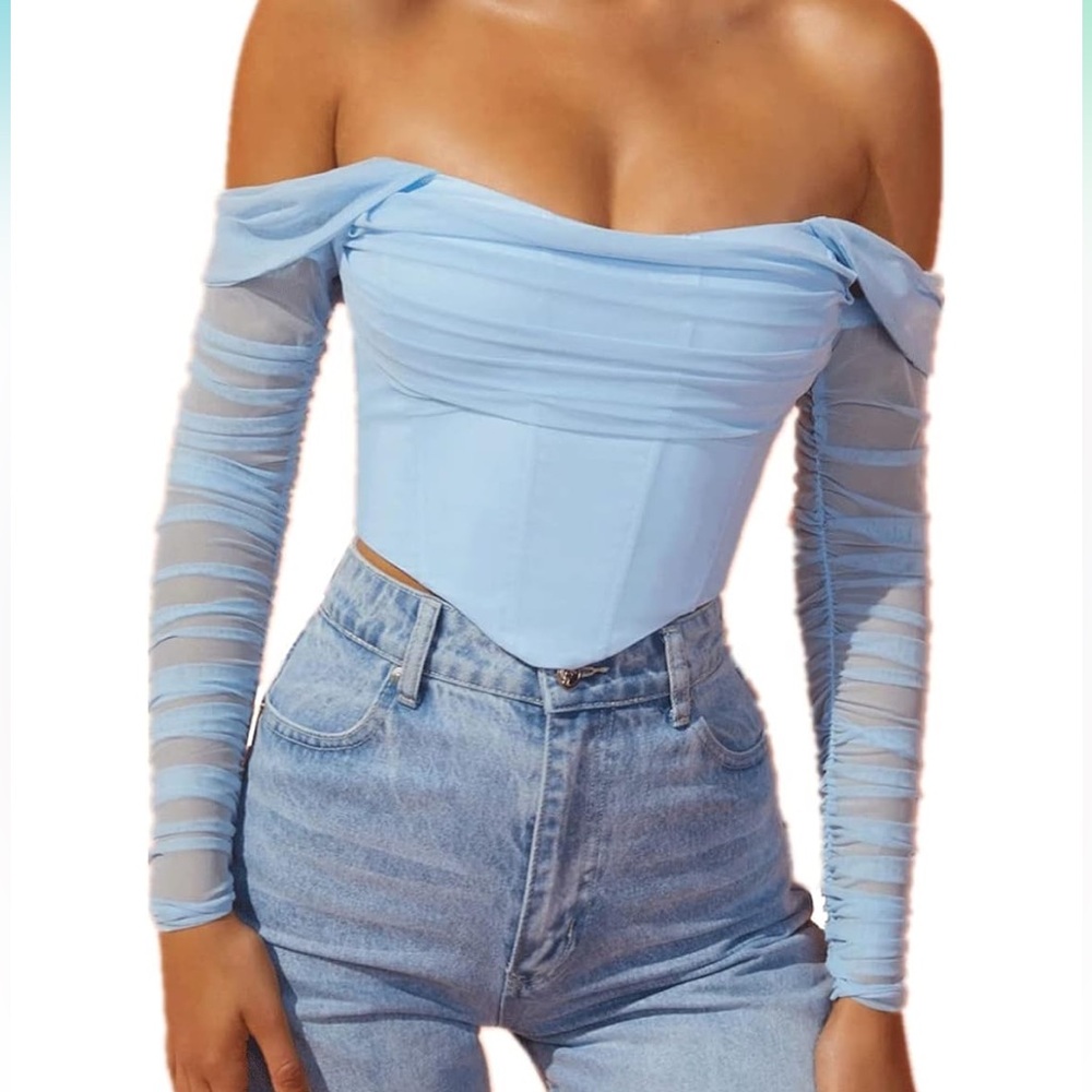Worn once. Corset top w/ mesh sleeves & mesh on or off shoulder straps XS